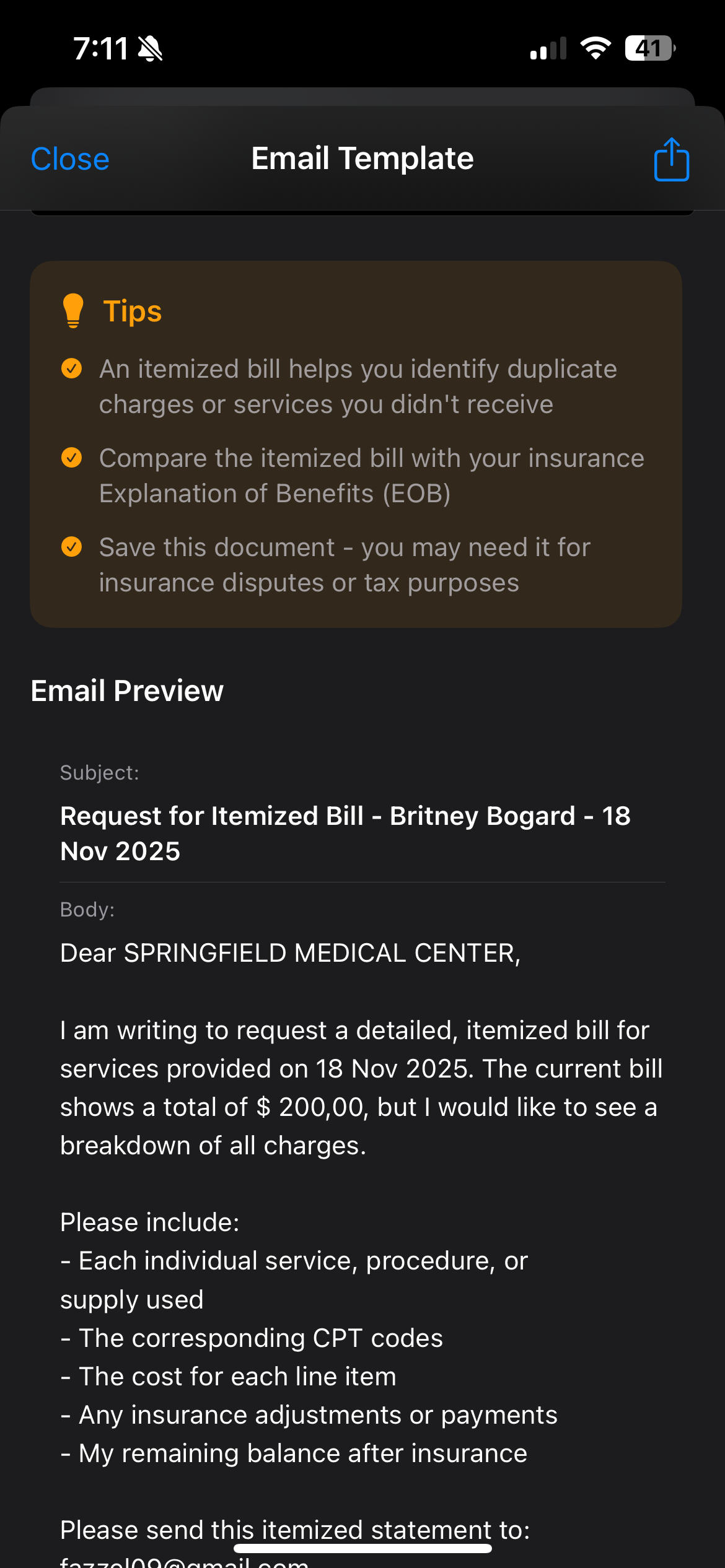 Email template for requesting itemized bill